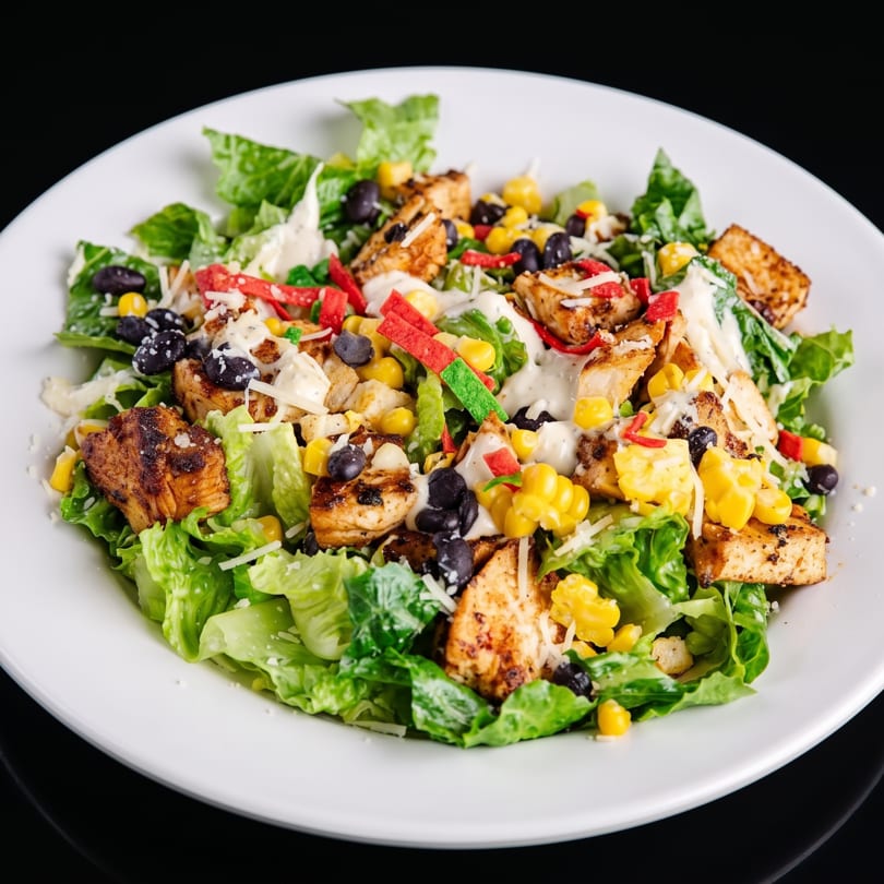 Grilled chicken salad with corn, black beans, tortilla strips, and dressing on a white plate.