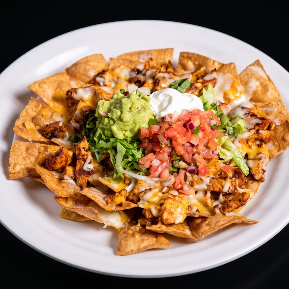 Chicken nachos with melted cheese, guacamole, sour cream, pico de gallo, and lettuce on a white plate.