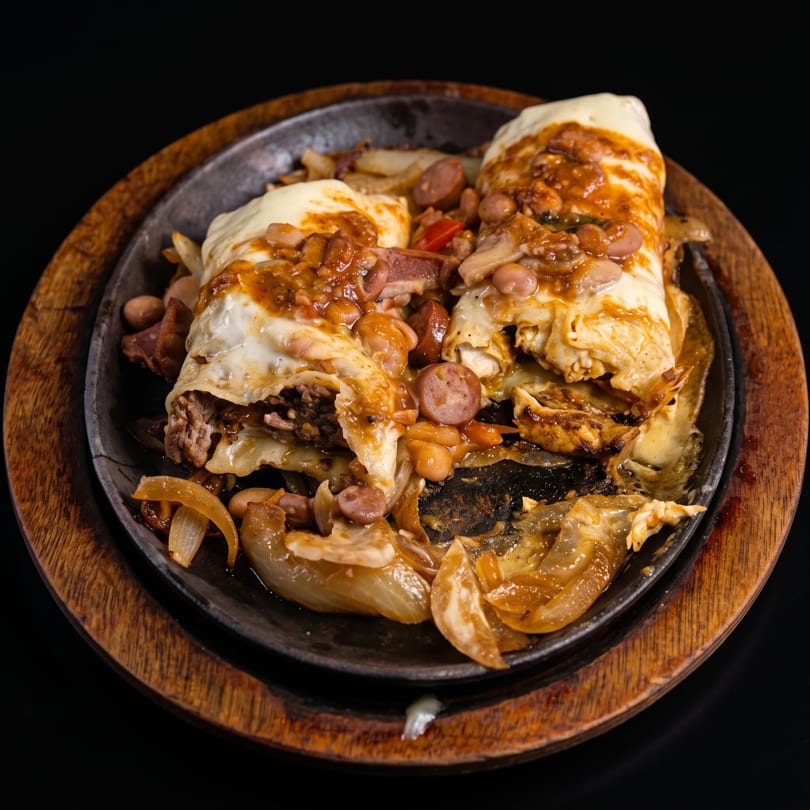Two burritos covered in cheese, beans, and sauce, served on a sizzling skillet with onions.